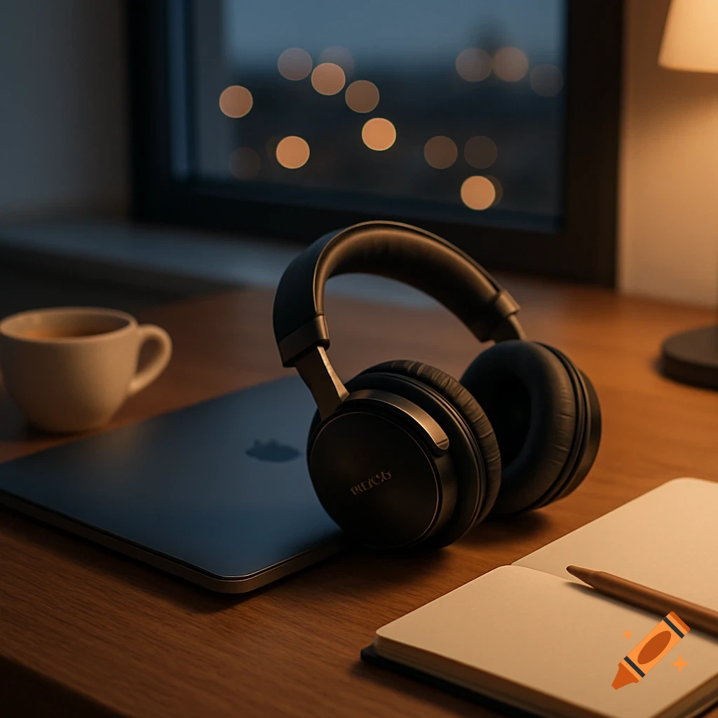 A minimalist workspace at dusk with matte black over-ear headphones on a closed dark laptop. A coffee cup and open notebook are on a warm wooden desk by a window with bokeh lights outside.
