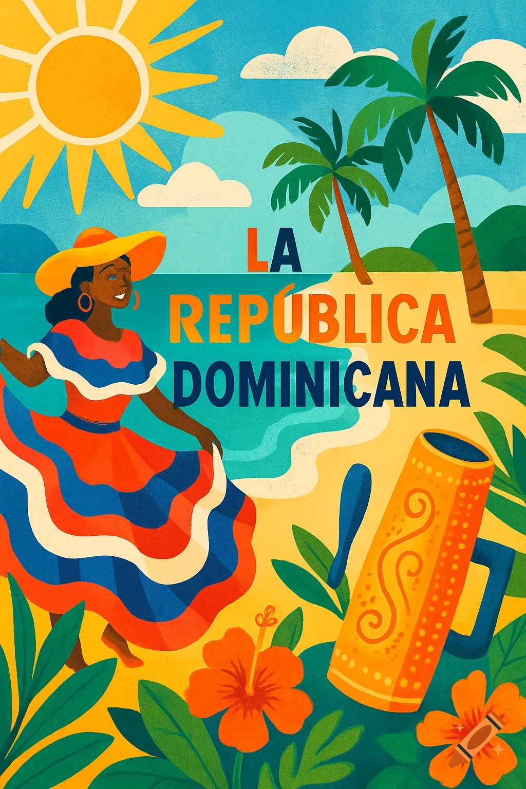 Vibrant illustration of a woman in traditional dress dancing on a tropical beach with palm trees, a sun, and the text "LA REPÚBLICA DOMINICANA".