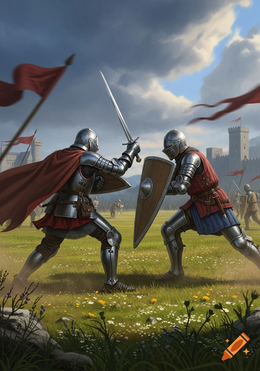 Two armored knights duel with swords and shields in a grassy field, a castle visible in the background under a cloudy sky. Detailed illustration.
