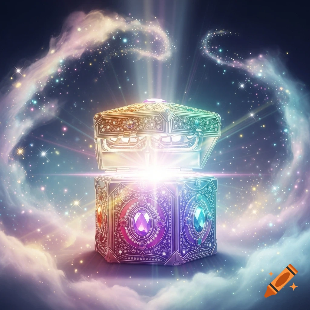 An ornate, glowing treasure chest with colorful gems opens amidst a swirling, starry cosmic cloud.