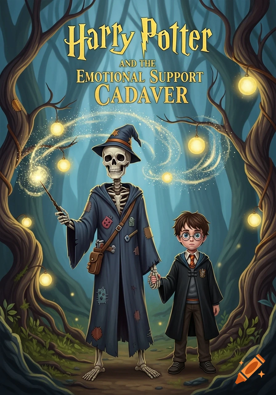 Cartoon book cover with Harry Potter and a wizard skeleton holding hands in a magical forest, glowing orbs float around.