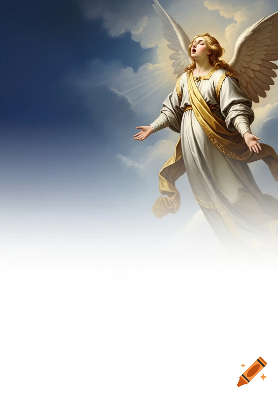 A blond-haired angel with white wings, wearing a white and gold tunic, sings in a cloudy blue sky that fades to white.
