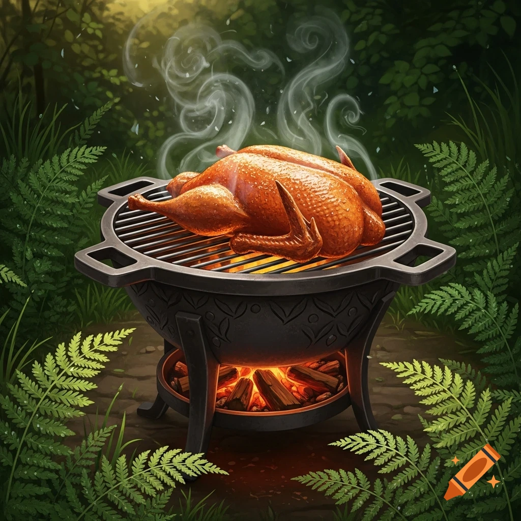 A roasted whole bird on a black grill with coals in a lush green forest clearing, with steam rising, in a digital painting style.
