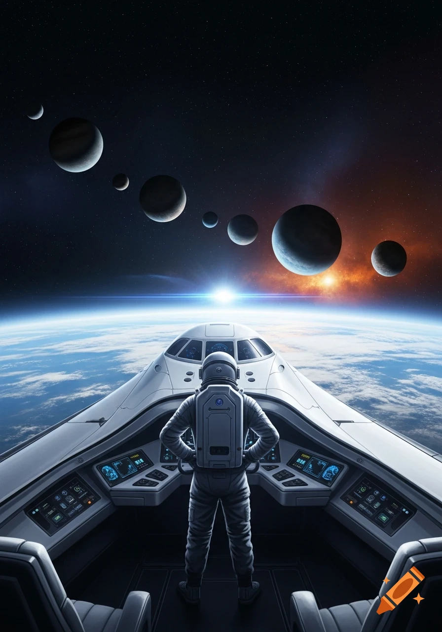 An astronaut in a futuristic spaceship cockpit looks out at Earth and numerous planets in a vast starry space.