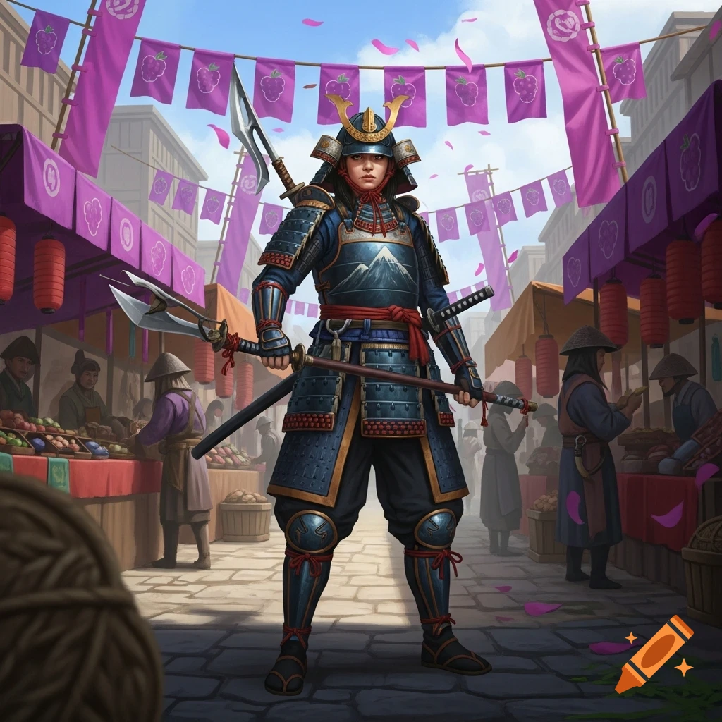 A female samurai in dark blue armor with a mountain pattern stands in a bustling market, holding a naginata and a katana. Purple banners with berry symbols hang above stalls.