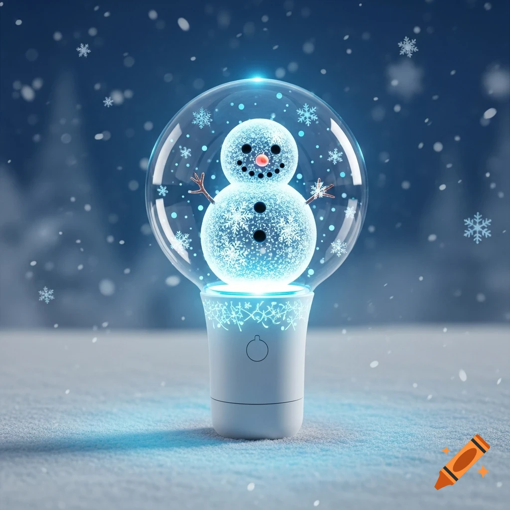 A glowing snowman in a clear lightstick, standing in snow with falling snowflakes against a blurry blue winter background.