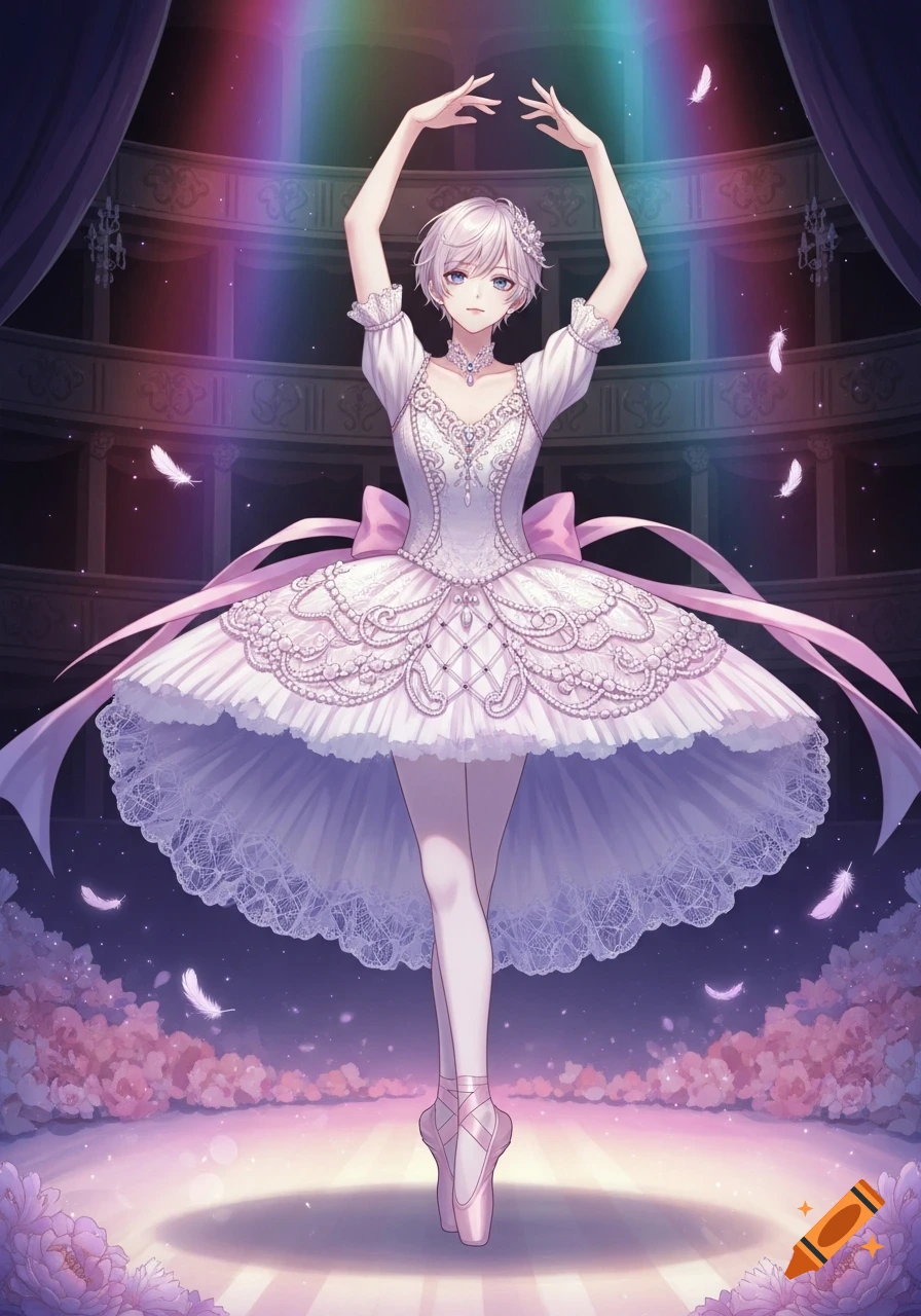 An anime character with short white hair in a white and pink ballerina costume and pointe shoes, posing on a stage with floating feathers and a rainbow light.