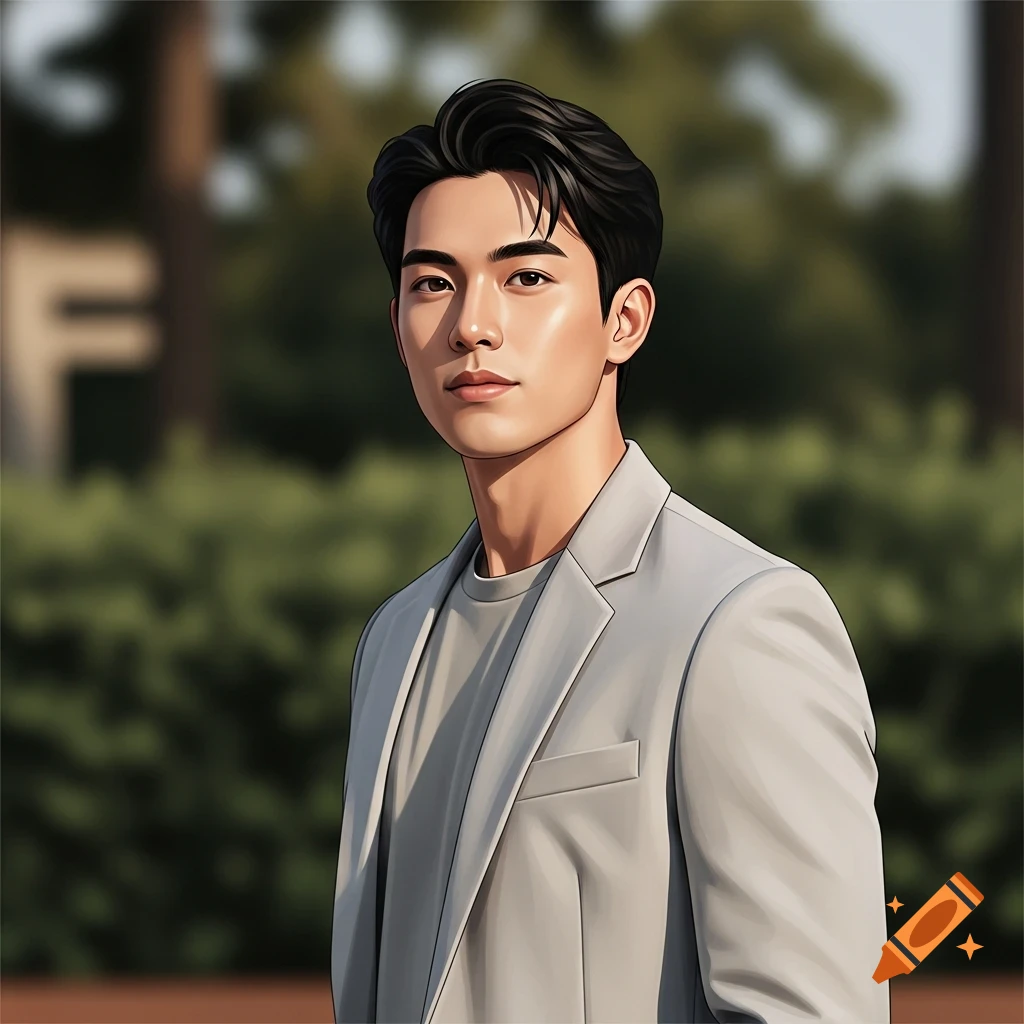 A stylized portrait of a young Asian man in a grey blazer looking forward with a neutral expression against a blurred green background.