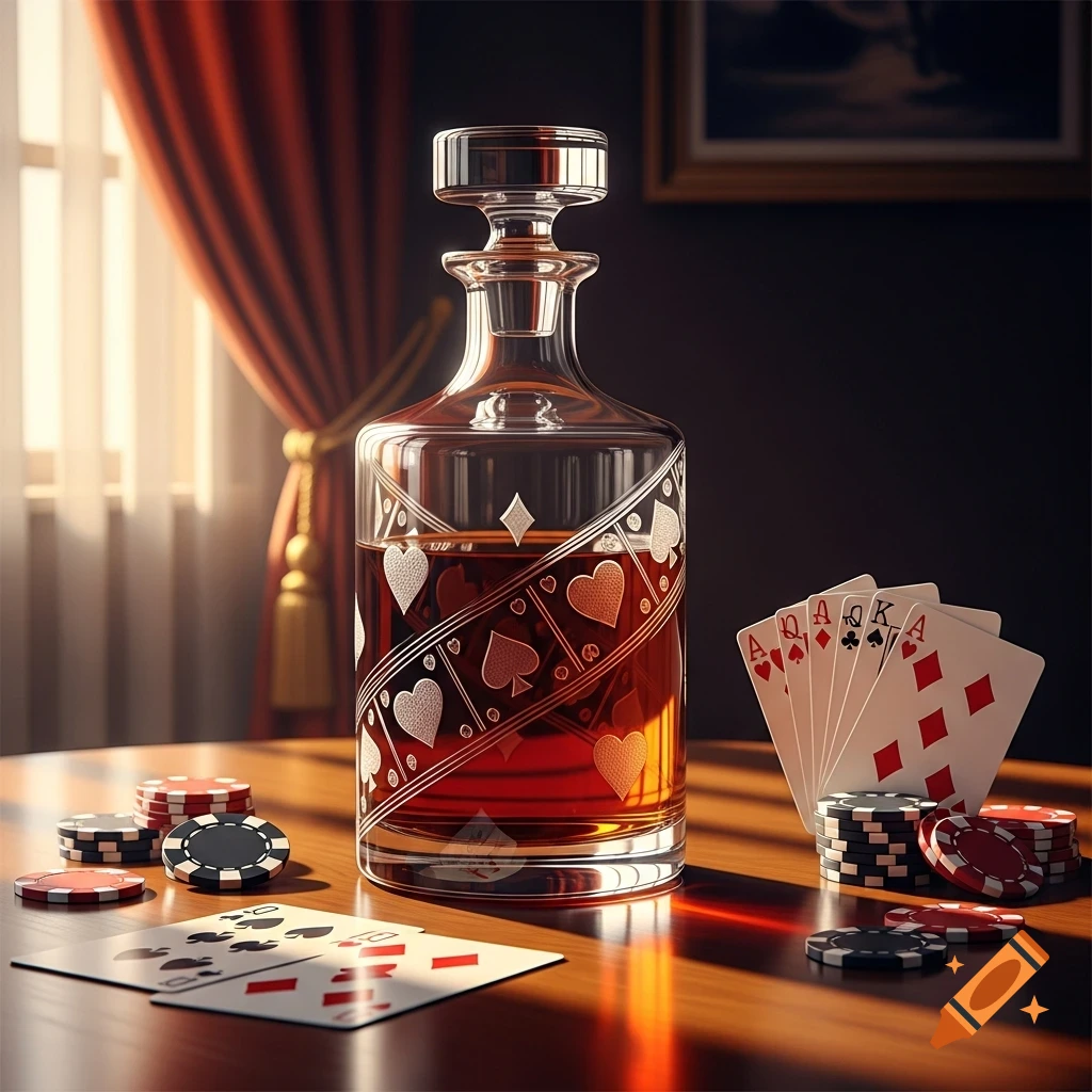 A decorative glass decanter filled with amber liquid on a wooden table, surrounded by poker cards and stacks of poker chips.