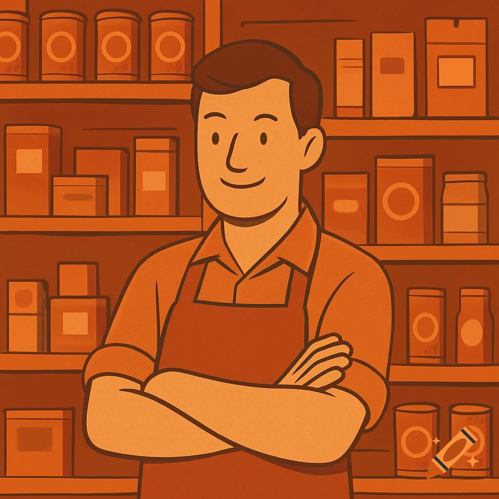 Smiling cartoon man in an orange apron with folded arms, standing in a warm-toned store aisle filled with stocked shelves.