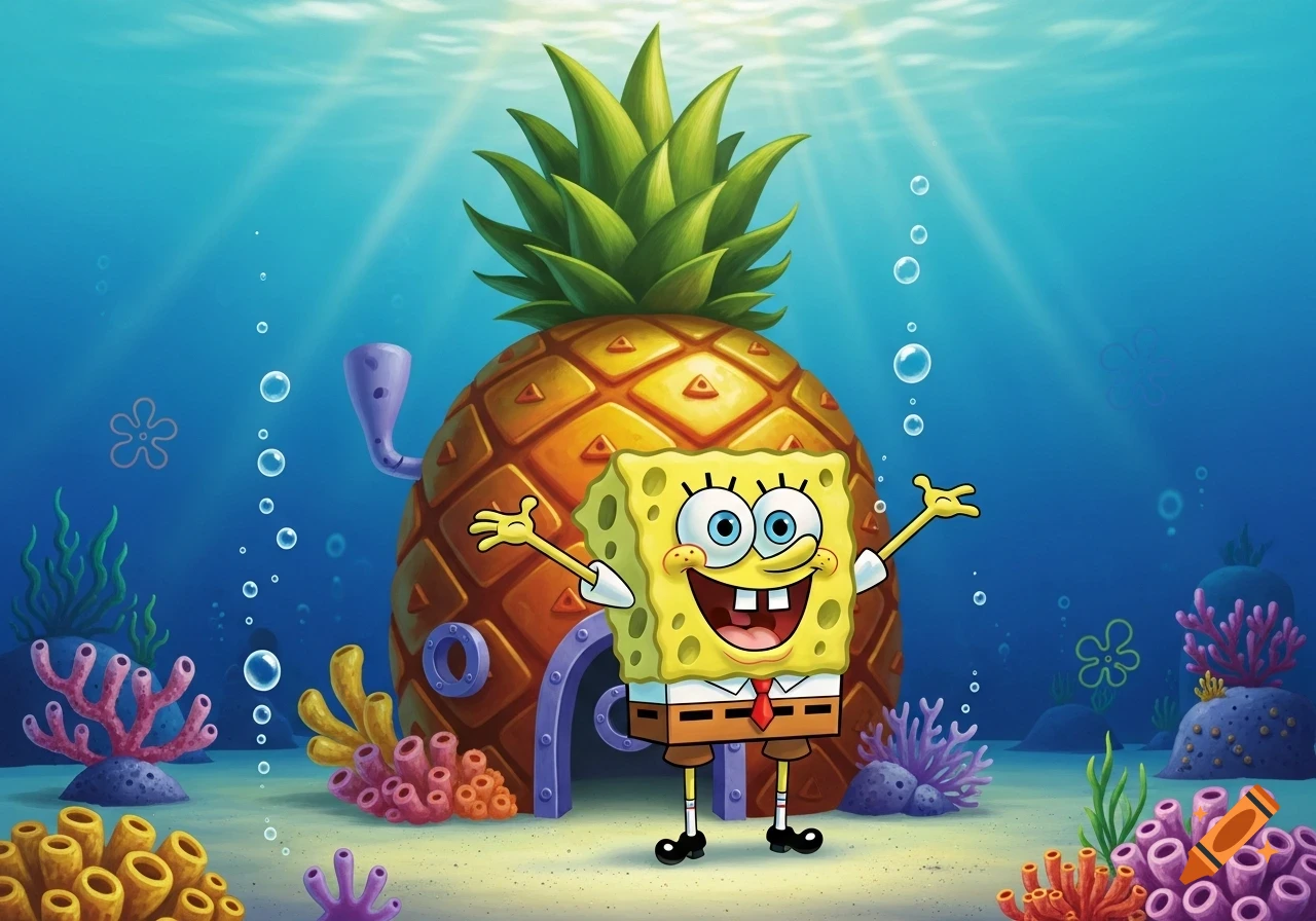 Spongebob Squarepants stands smiling with arms outstretched in front of his pineapple house on the ocean floor, surrounded by colorful coral.