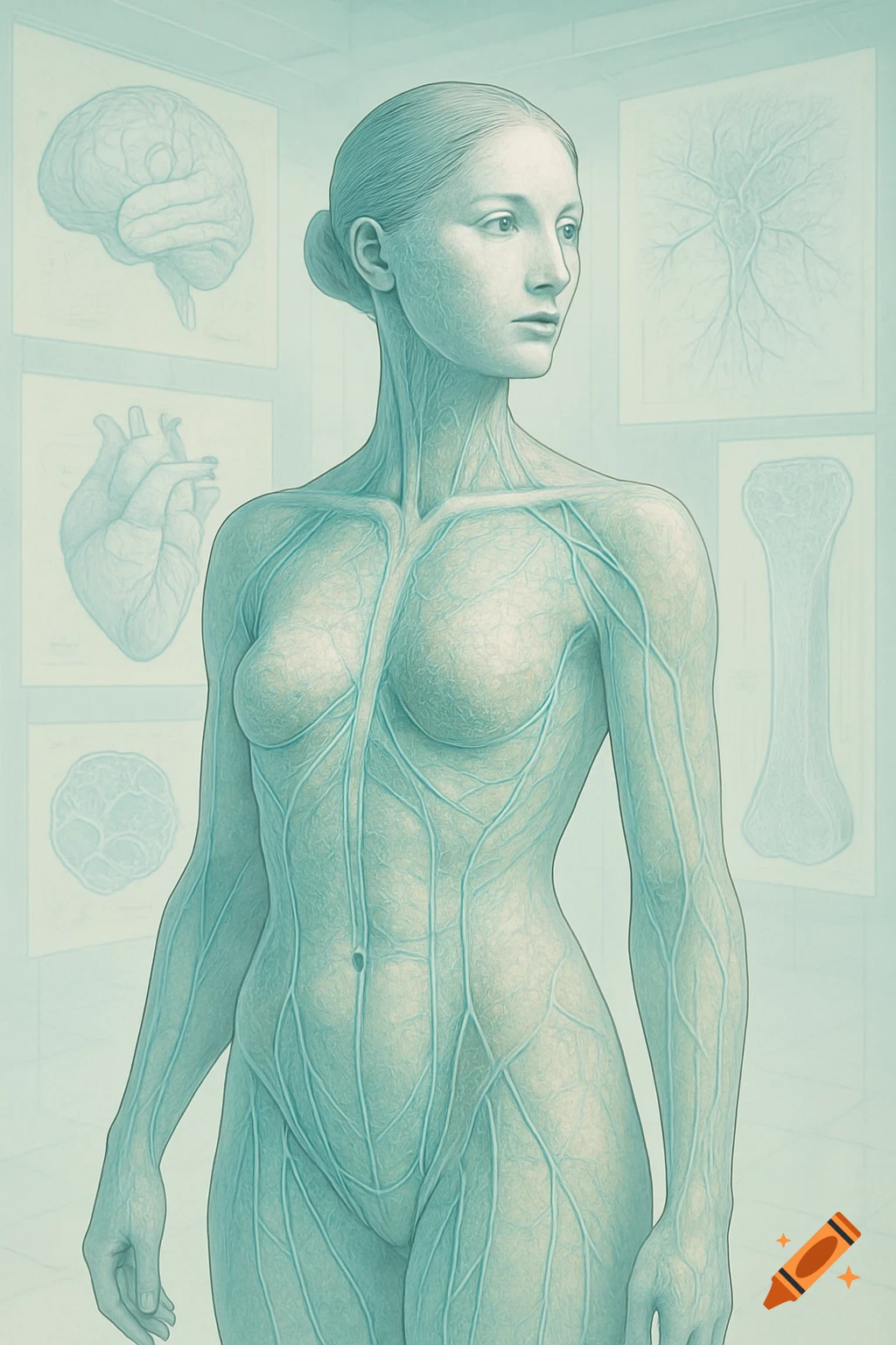 Stylized scientific illustration of a female human body with visible circulatory/nervous system, backgrounded by anatomical diagrams.