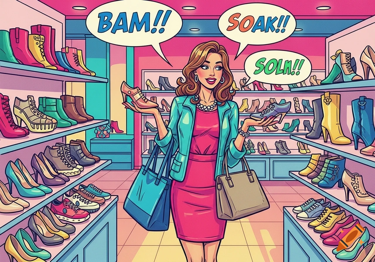 Comic art of a woman holding two shoes, smiling while shopping in a shoe store, with shelves full of colorful footwear.