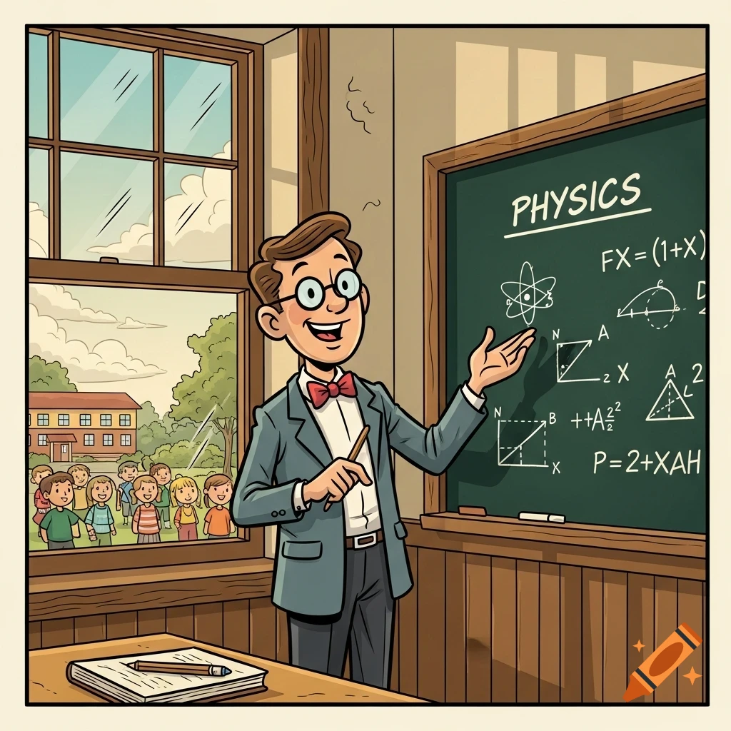 A cartoon teacher with glasses and a bow tie points at a blackboard with 'PHYSICS' and equations. Children are visible outside a window.