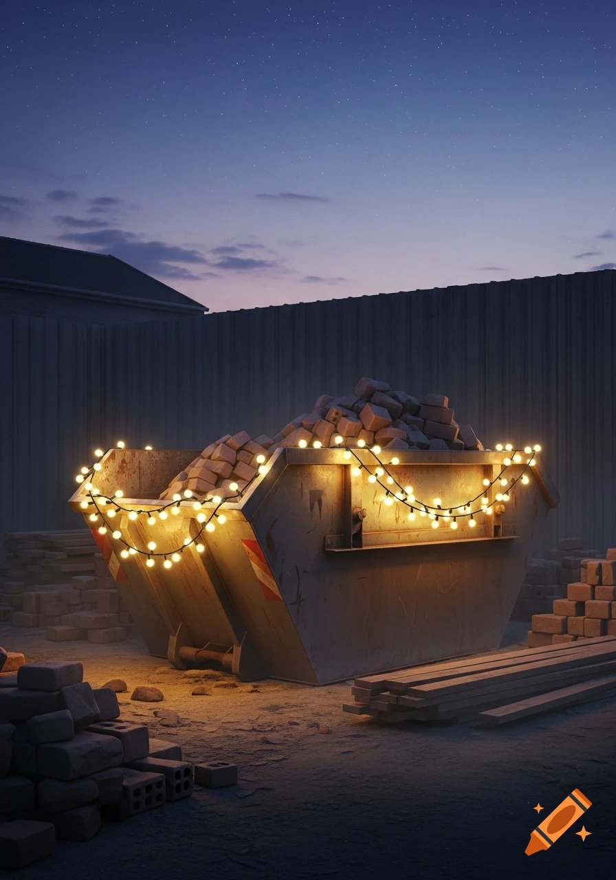 A construction skip full of bricks, decorated with warm fairy lights, on a dusty site at night under a starry sky.