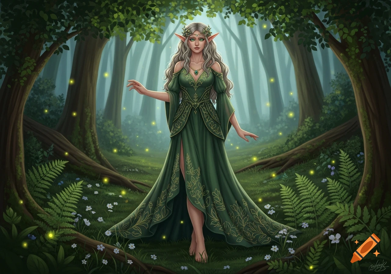 A fantasy elf with long grey hair and pointed ears, wearing a green dress, stands barefoot in a magical forest with fireflies and flowers.