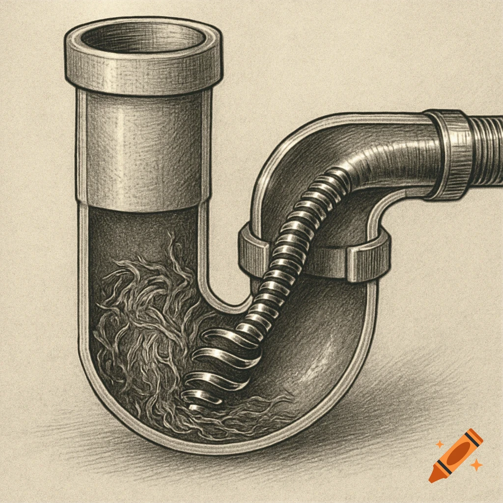 A detailed drawing of a cutaway plumbing P-trap pipe clogged with hair, being cleared by a metal auger.
