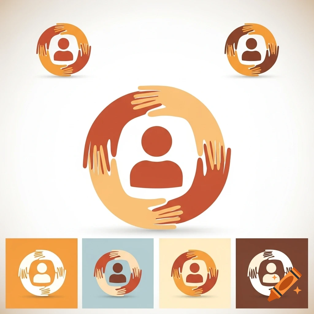 An abstract symbol featuring a circle of diverse hands embracing a generic person icon, presented in multiple color variations.