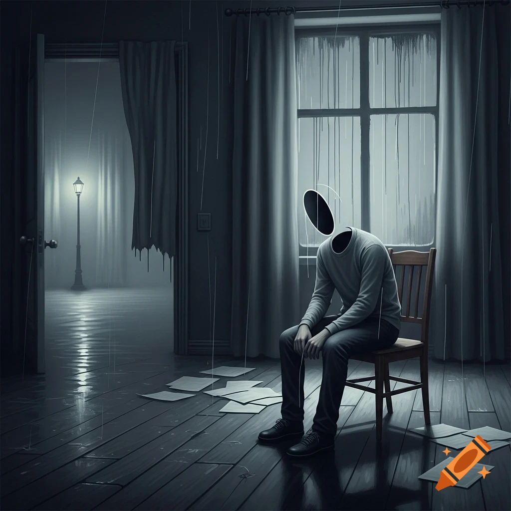 A figure with a black void for a head sits on a wooden chair in a dark, rainy room, with papers on the wet floor and a distant lamppost visible through an open door.