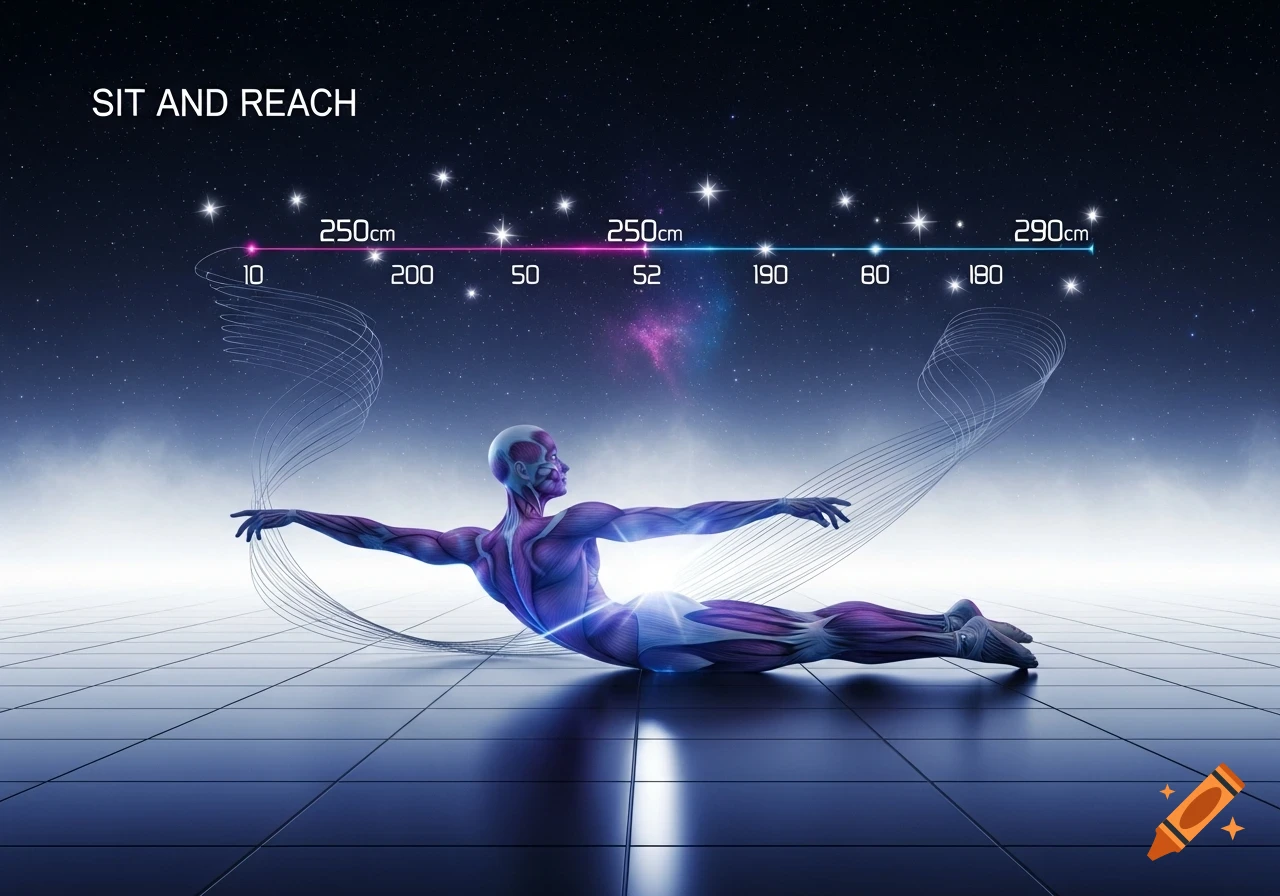 A glowing anatomical figure in a sit and reach pose on a grid floor under a starry sky, with a measuring bar indicating "SIT AND REACH" and various centimeter measurements.