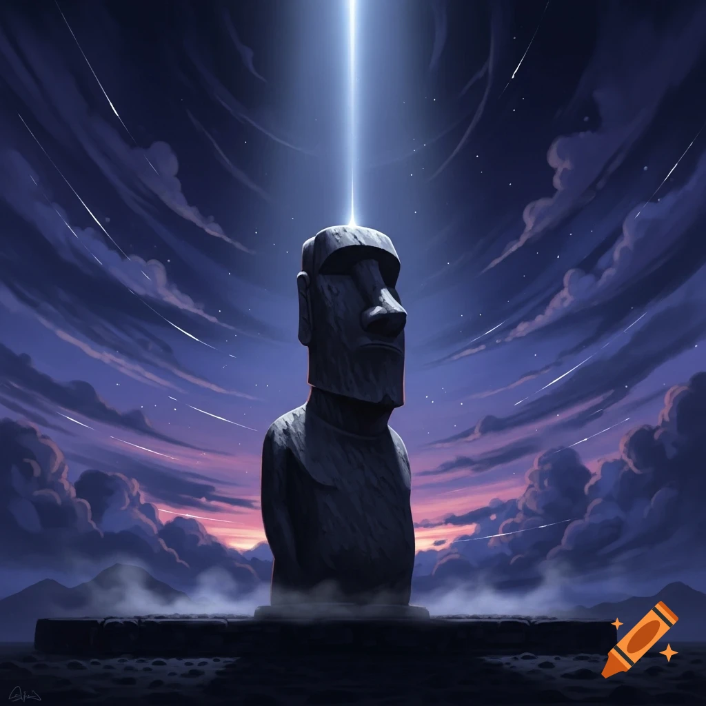 A Moai statue stands under a dramatic purple and blue night sky with shooting stars, illuminated by a bright beam of light from above.