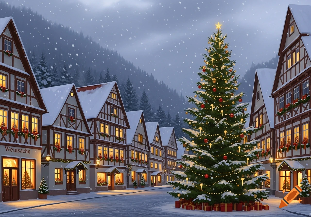 A charming snowy village street at dusk with traditional timber-frame houses decorated for Christmas, and a large, brightly lit Christmas tree in the center, surrounded by gifts.