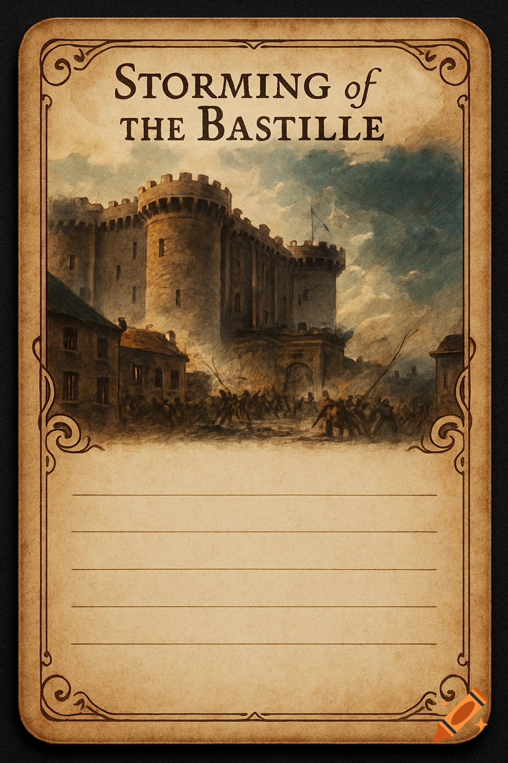 Vintage game card depicting the Storming of the Bastille, with a fortress under attack by a crowd beneath a stormy sky.