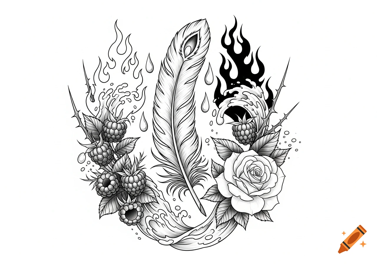 Black and white stylized tattoo design with a phoenix feather, raspberries, rose, fire, water, and thorns.