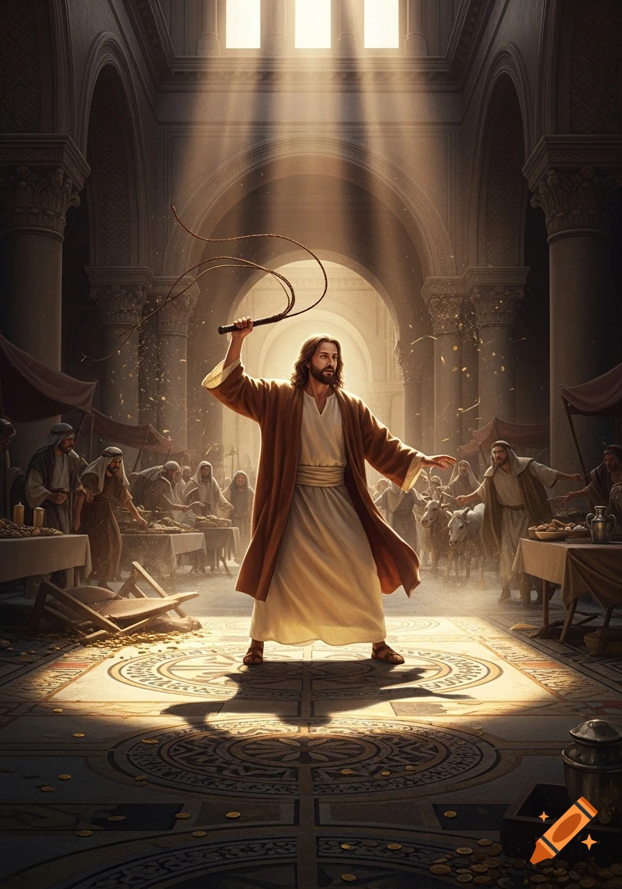 Jesus wields a whip in a grand temple, driving out merchants as gold coins scatter under dramatic sunlight.