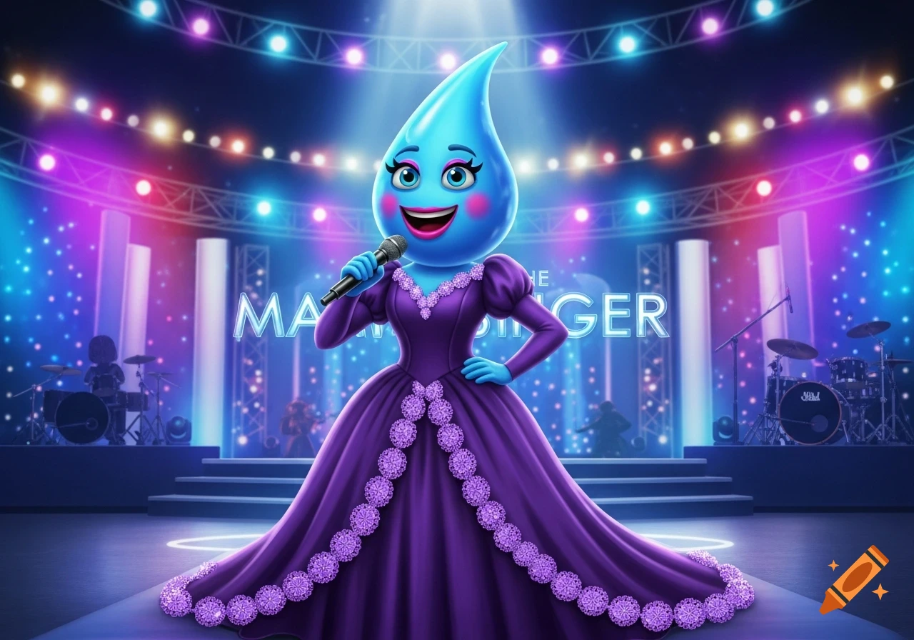 A happy cartoon blue water droplet character in a purple dress sings on a brightly lit stage, holding a microphone.