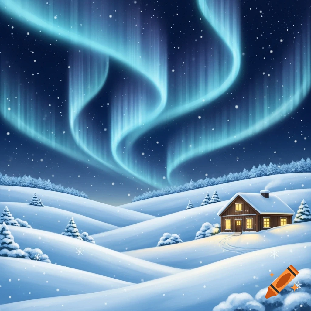 Illustration of a serene winter landscape with a cozy wooden cabin under vibrant blue aurora borealis and falling snow.