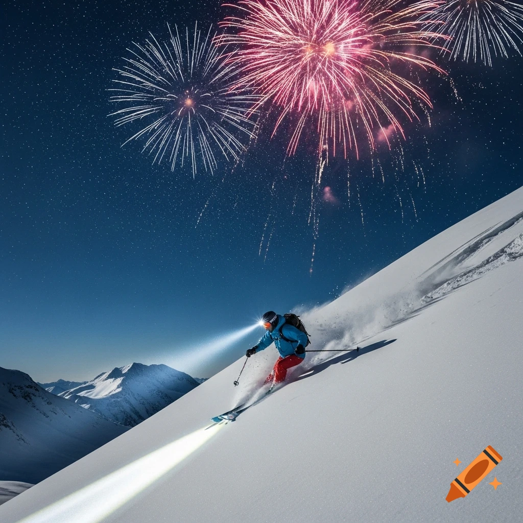 A skier with a headlamp carves a track down a snow-covered mountain at night under a sky lit by fireworks and stars.