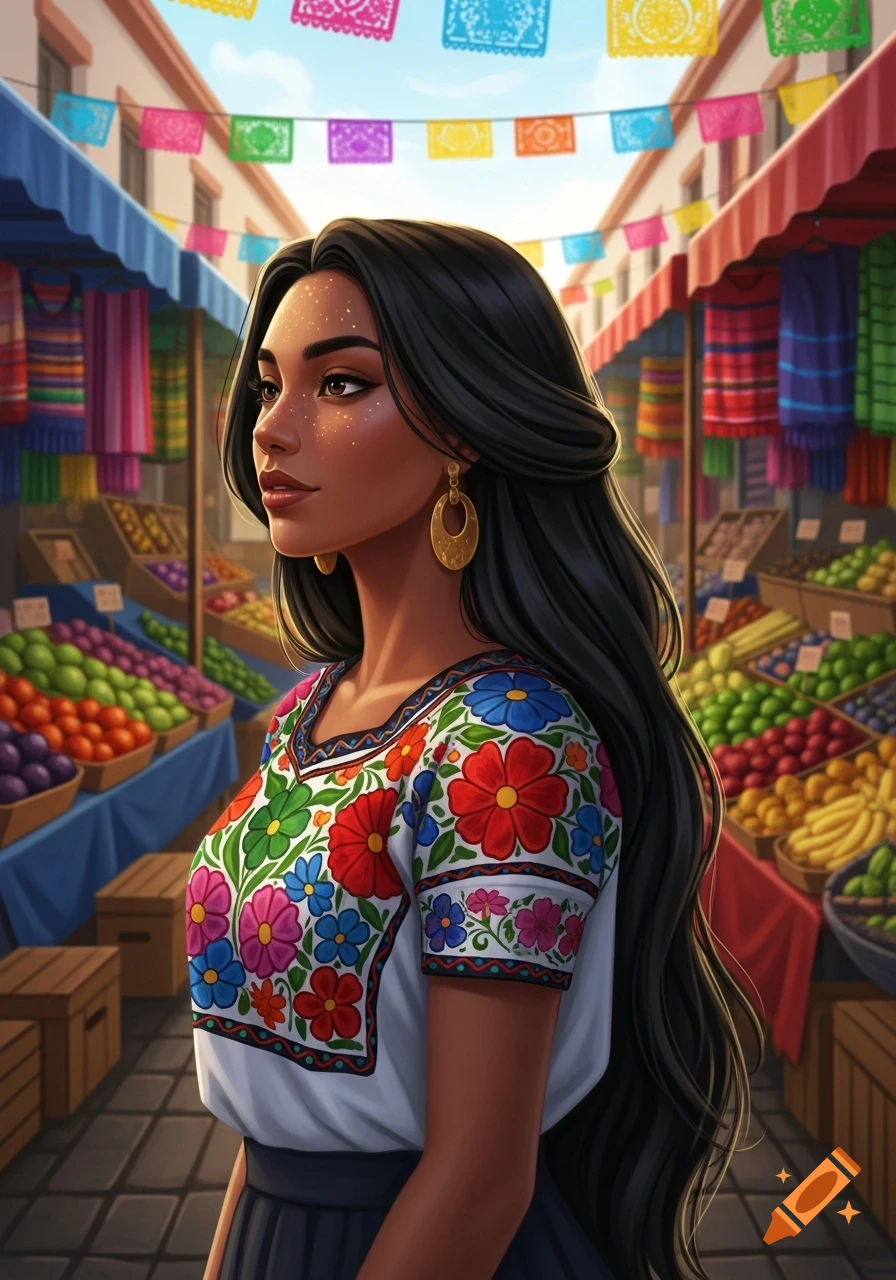 A beautiful dark-haired woman wearing a vibrant floral embroidered blouse stands in a colorful market adorned with papel picado banners.