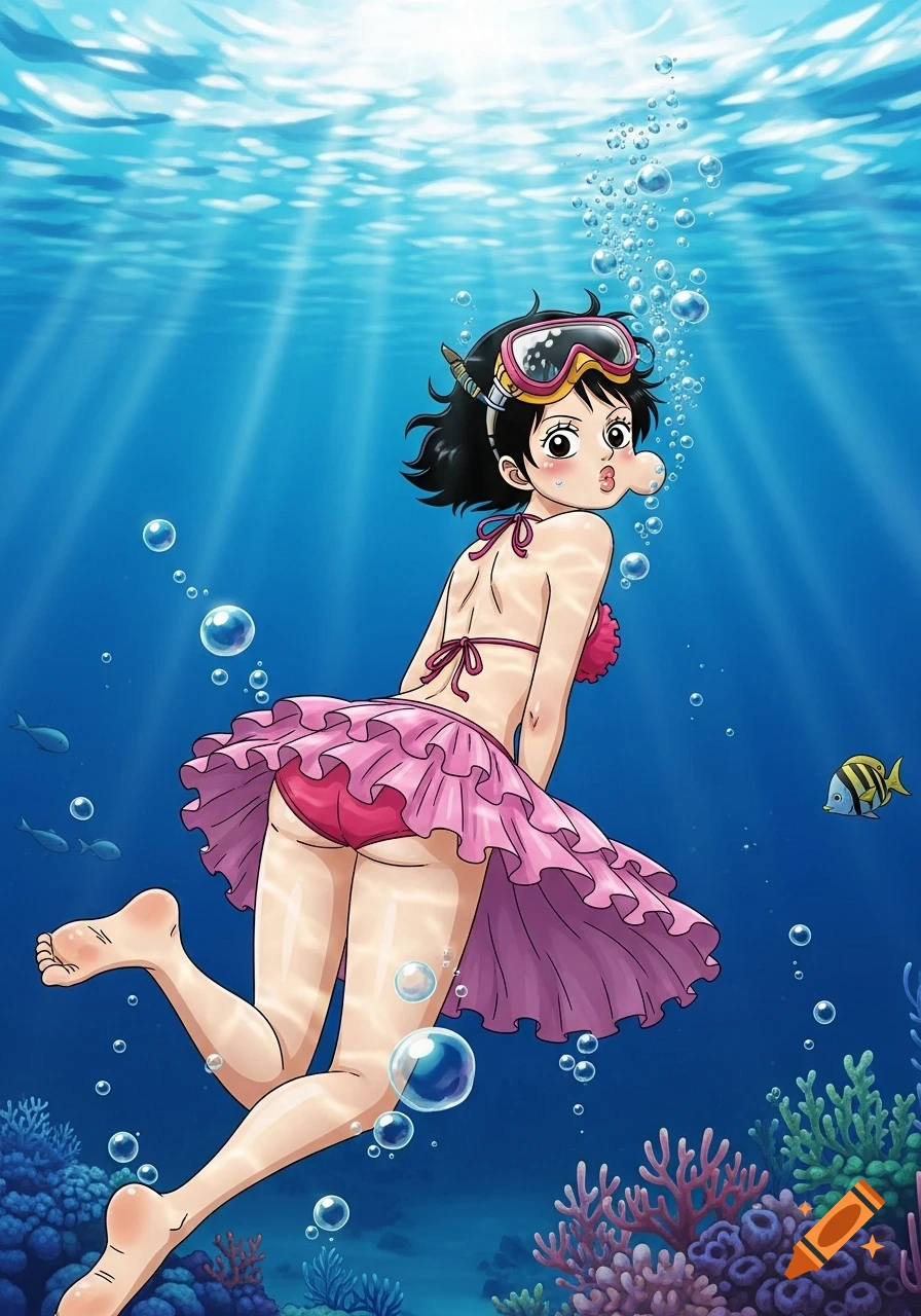 A cartoony woman in a pink frilly bikini swims underwater, holding her breath with puffed cheeks and looking back, in anime style.