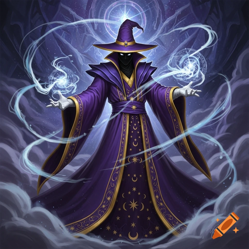 A sinister purple wizard in a hat and robe, adorned with gold stars and moons, with glowing white eyes, casting a spell.