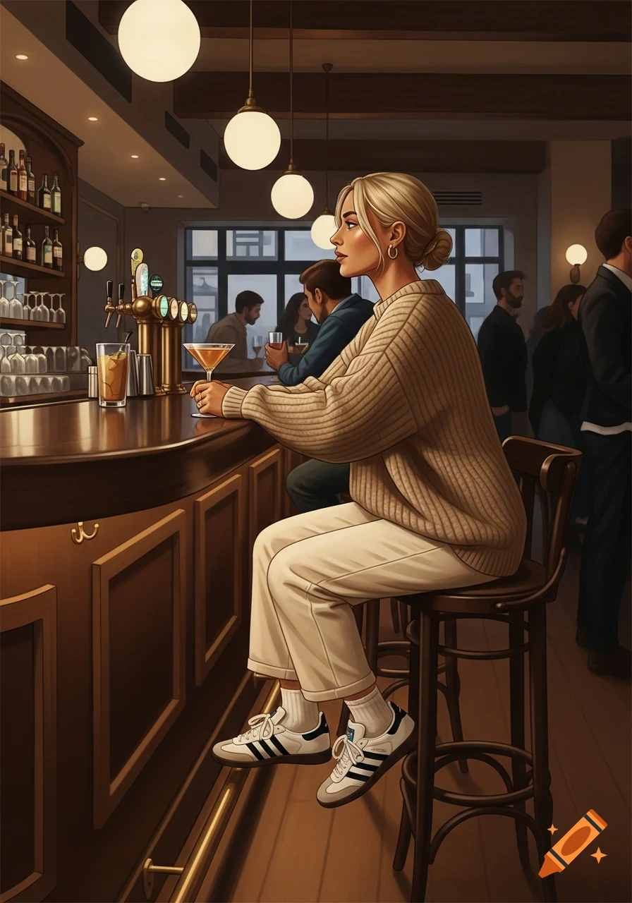 A blonde woman in a beige sweater and cream pants sits at a wooden bar, holding a martini. Other patrons are in the background.