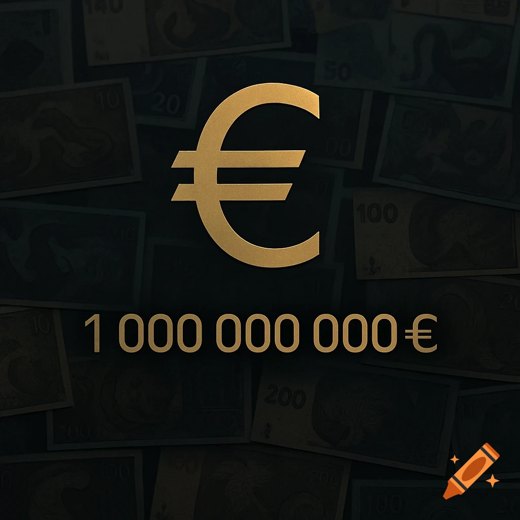 A gold Euro symbol and the text '1 000 000 000 ' against a dark, blurred background of prop euro banknotes in a minimalist, high-contrast style.
