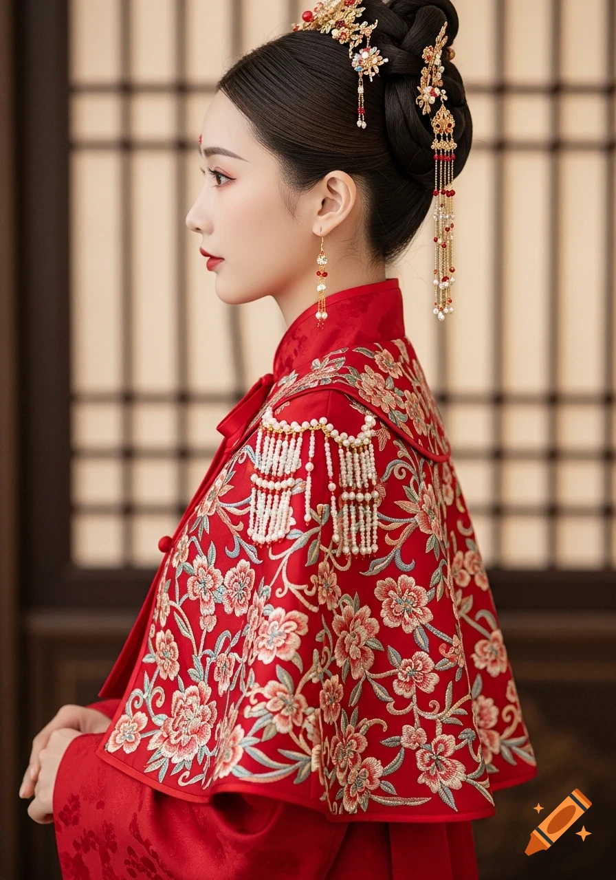 Side profile of a woman in a red traditional Chinese embroidered cape with floral patterns and pearl embellishments, elaborate hair ornaments.