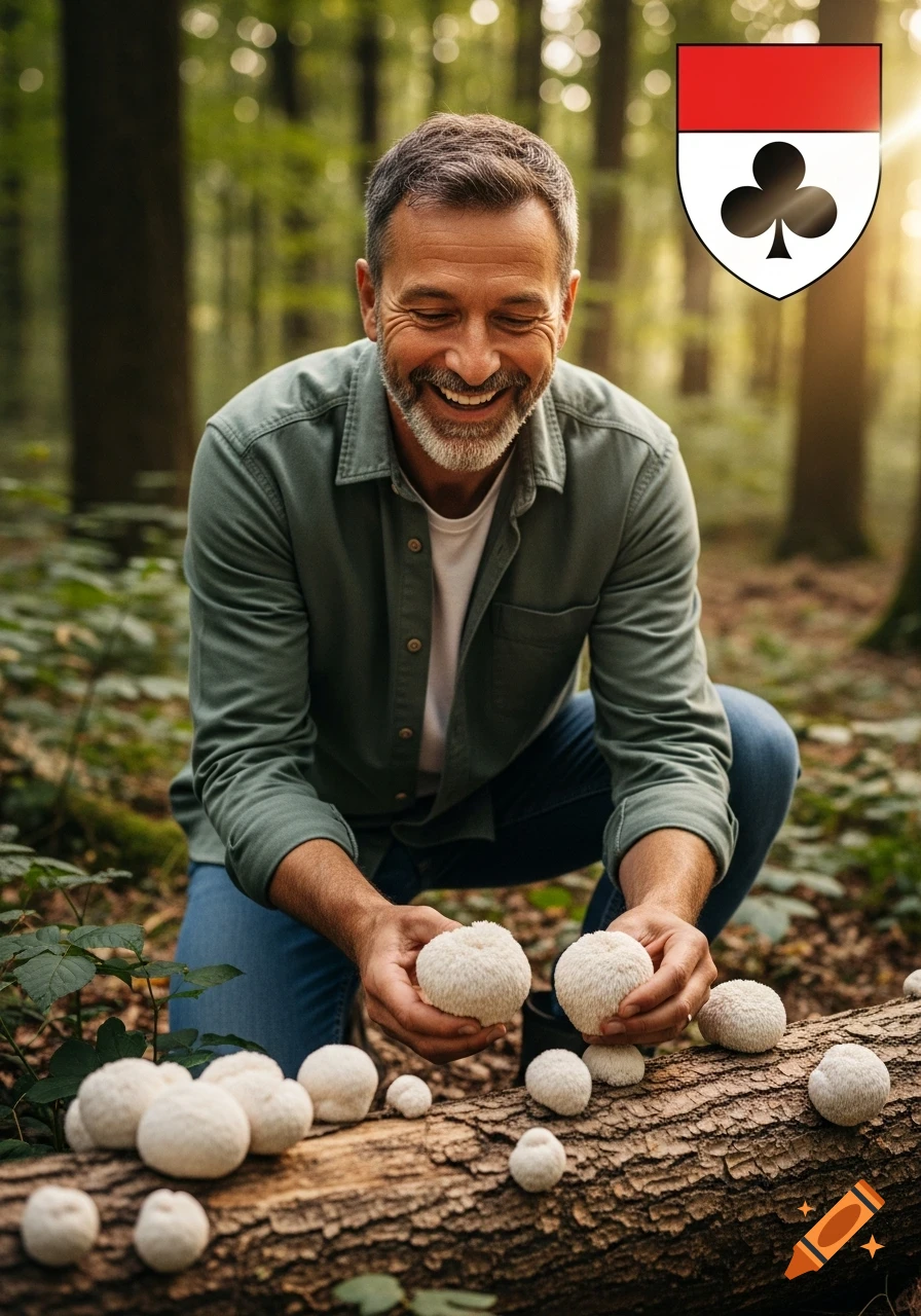 A joyful middle-aged man kneels in a sunlit forest, harvesting white Lion's Mane mushrooms from a fallen log, with a heraldic shield emblem in the corner.