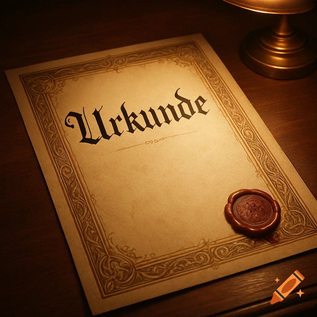 A vintage-style document titled "Urkunde" with an ornate border and a wax seal, resting on a dark wooden table under warm light.