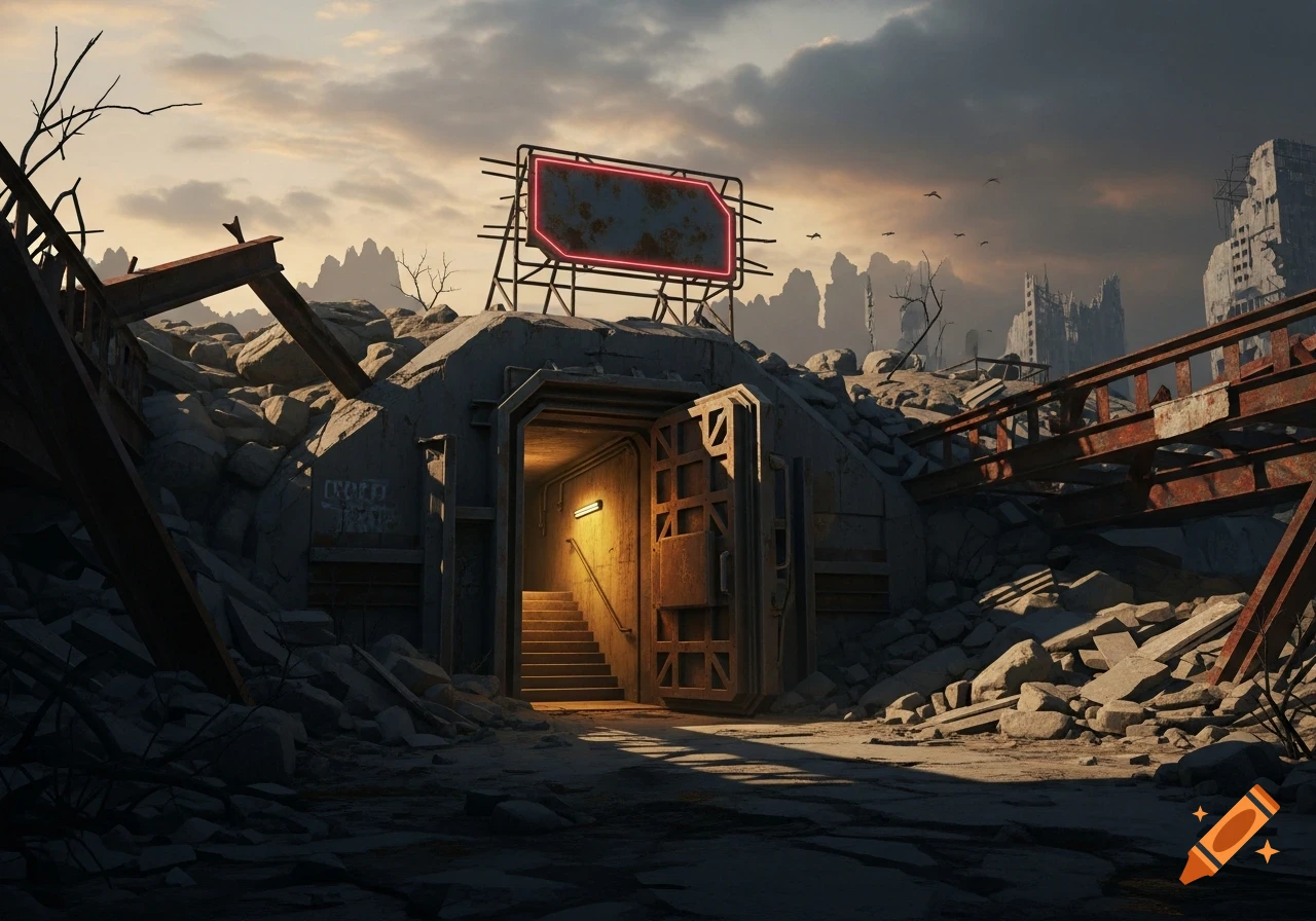 A post-apocalyptic landscape with a glowing bunker entrance and a blank, neon-outlined billboard under a stormy sky.