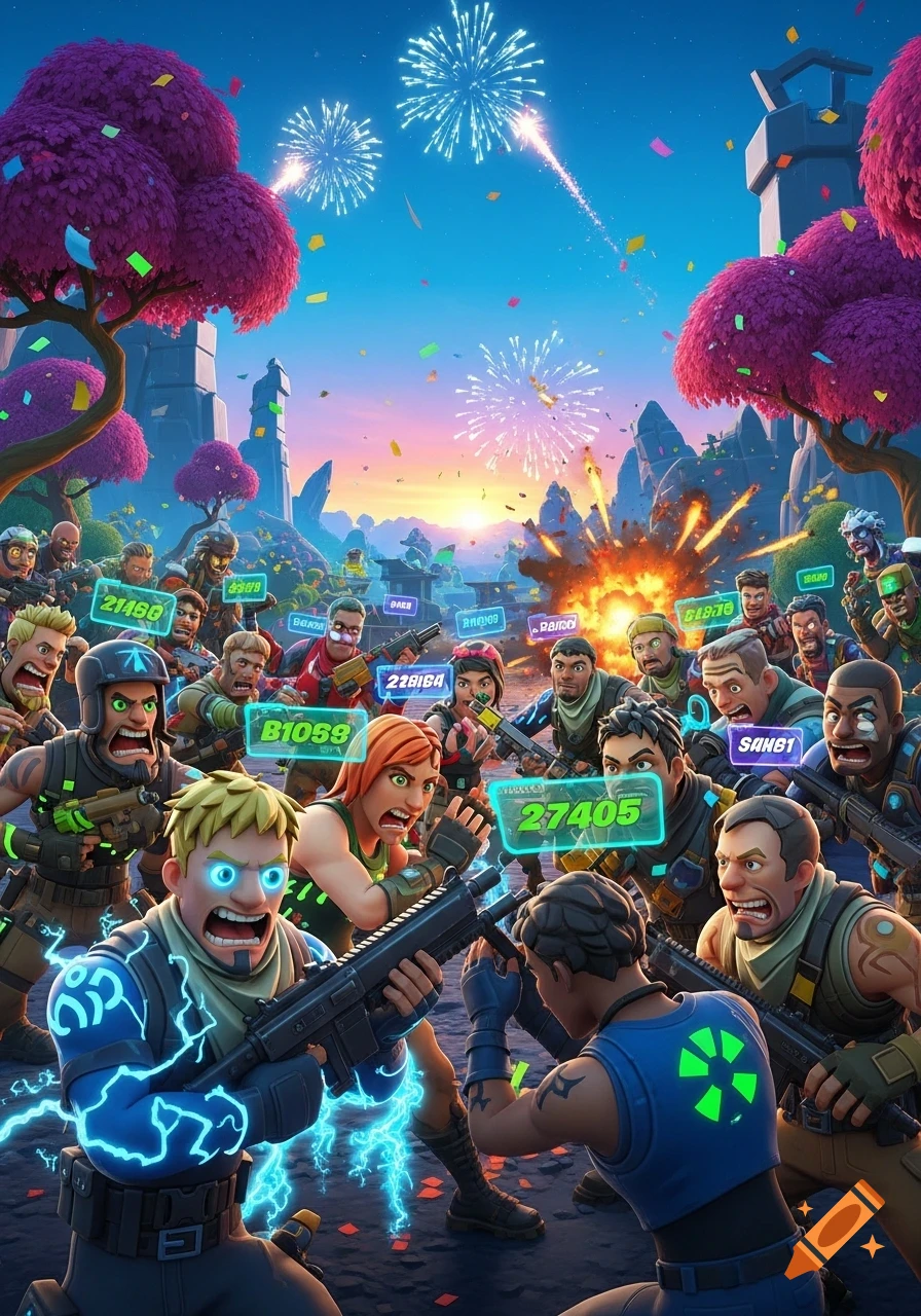 A stylized, colorful illustration depicting a large group of Fortnite-like characters, some holding weapons, in a chaotic battle scene with fireworks and explosions in the sky during sunset.
