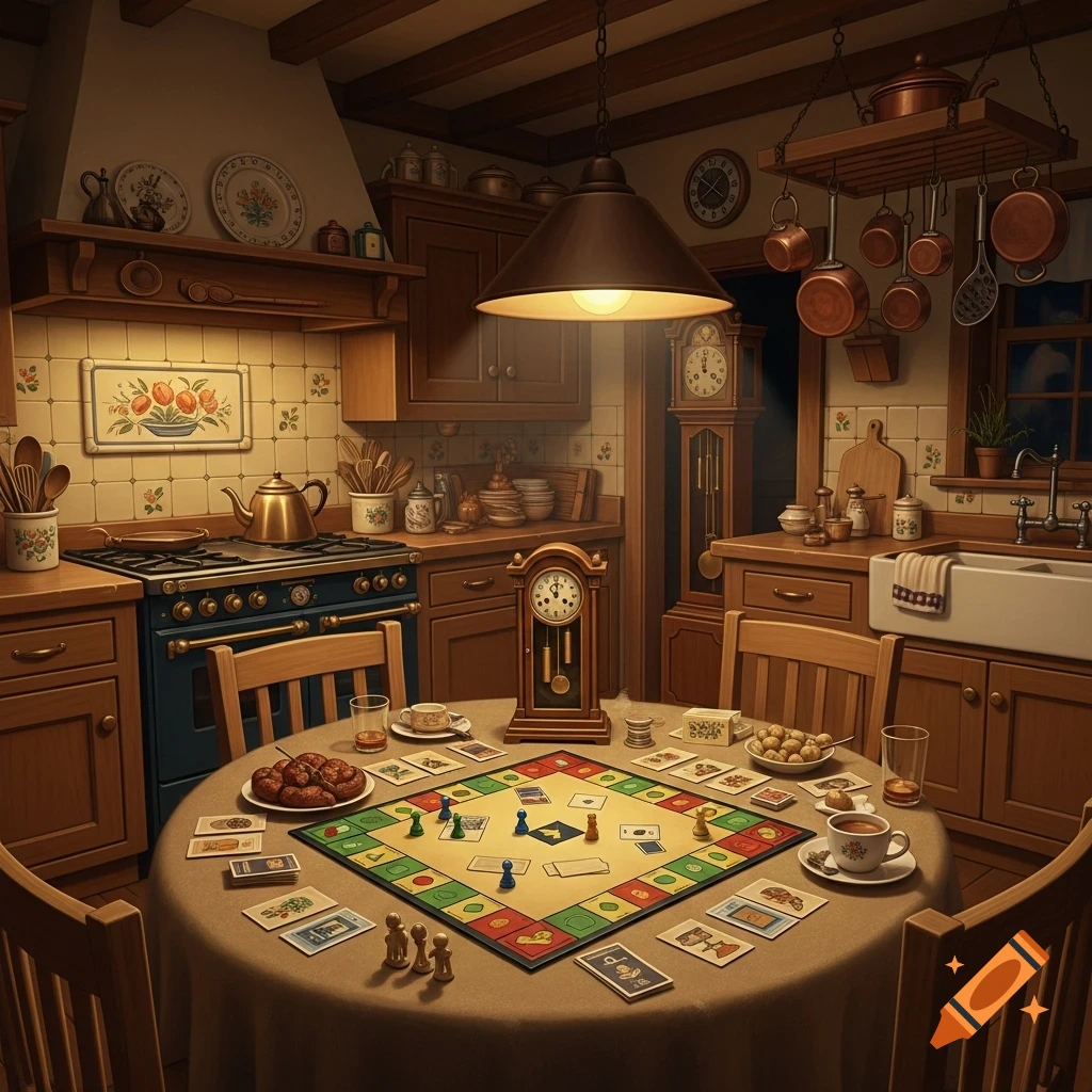 A cozy kitchen interior with warm lighting, featuring a round table set with a Monopoly-style board game, snacks, and drinks.