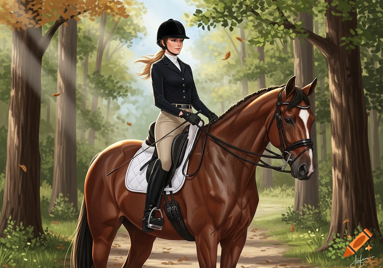 A woman in equestrian attire rides a brown horse through a sunlit forest, digitally illustrated.
