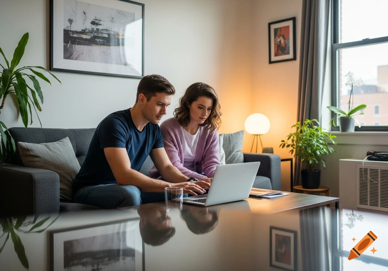 A young couple sits on a gray couch in a modern living room, both looking at a laptop. A large window, plants, and art are visible.