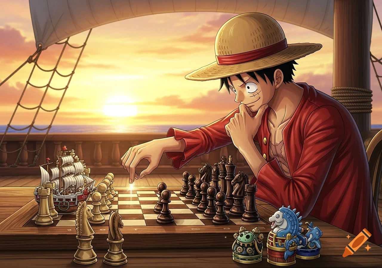 Anime character Luffy in a straw hat playing chess on a ship deck at sunset.
