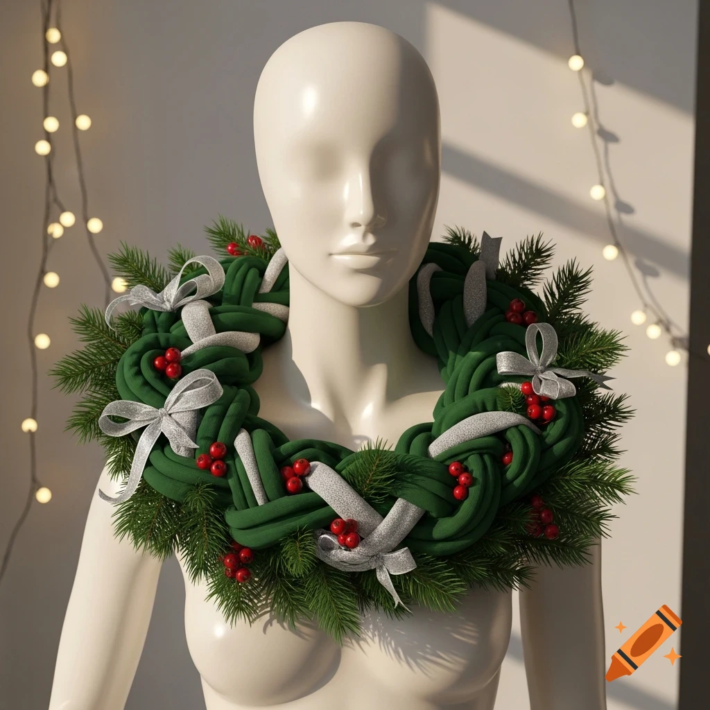 A white mannequin displays a Christmas wreath made of green knotted jersey, evergreen sprigs, red berries, and silver bows. Blurred string lights are in the background.