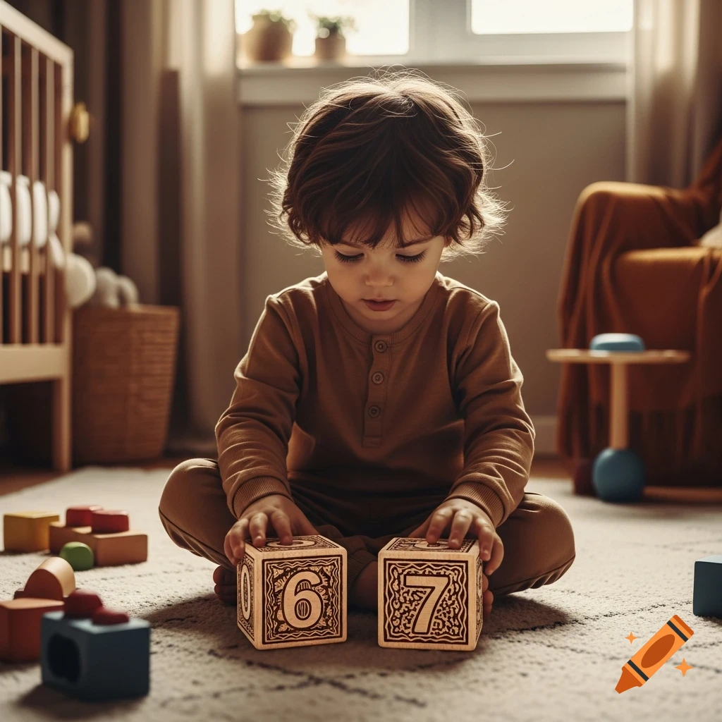 A young child sits on a carpet, playing with wooden blocks labeled 6 and 7 in a warmly lit room.