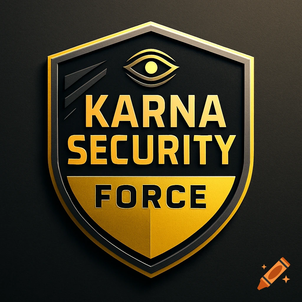 A black and gold shield logo with an eye symbol and the text 'KARNA SECURITY FORCE'.