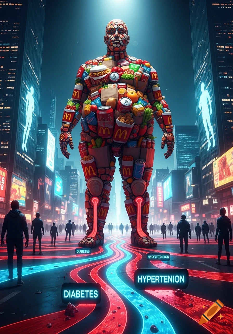 A giant human figure made of fast food and groceries stands in a futuristic city at night, with neon rivers labeled 'DIABETES' and 'HYPERTENION' flowing from its feet.